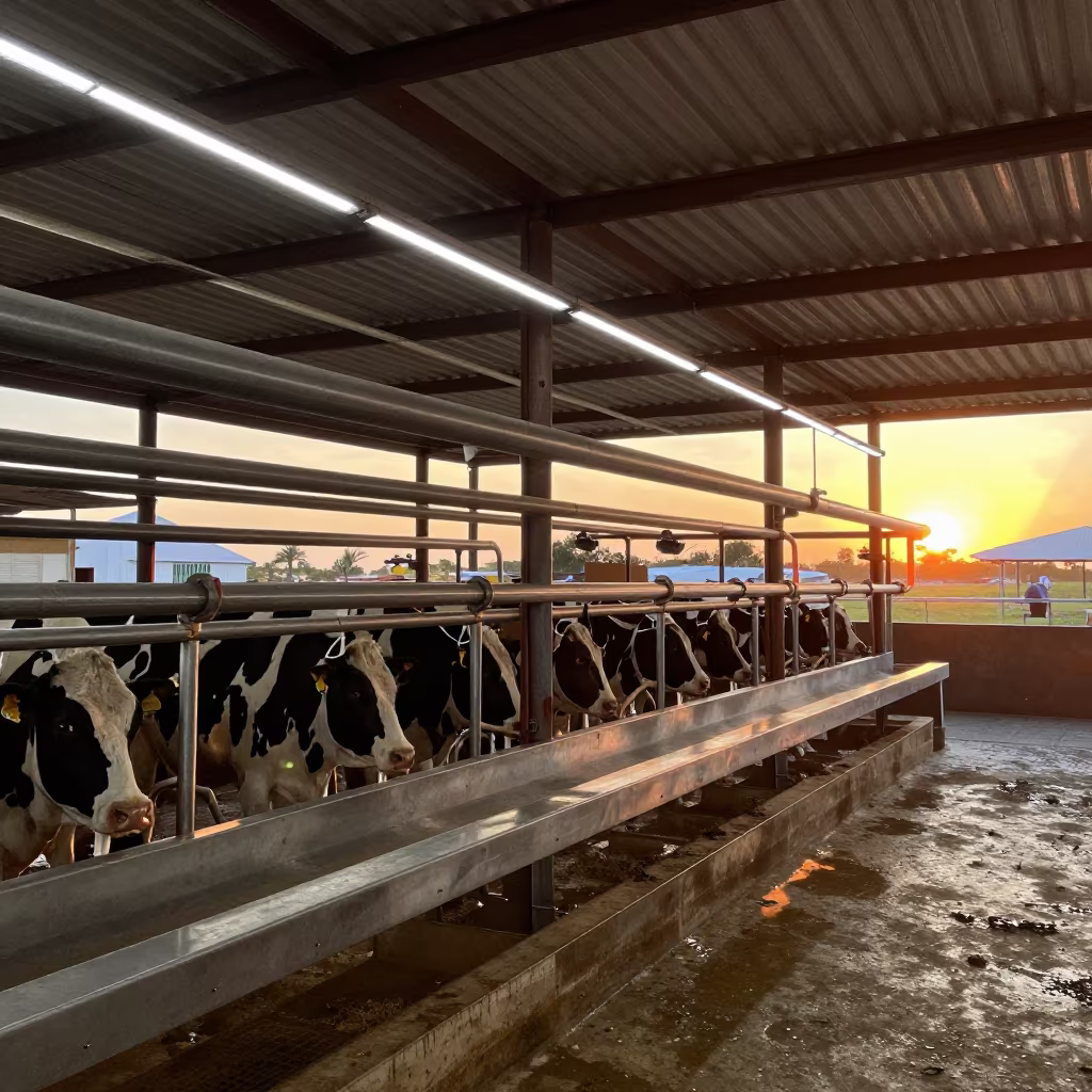 Stainless Milk Lines in Amber Sunset Light in in a dairy milking parlor near Matamoros