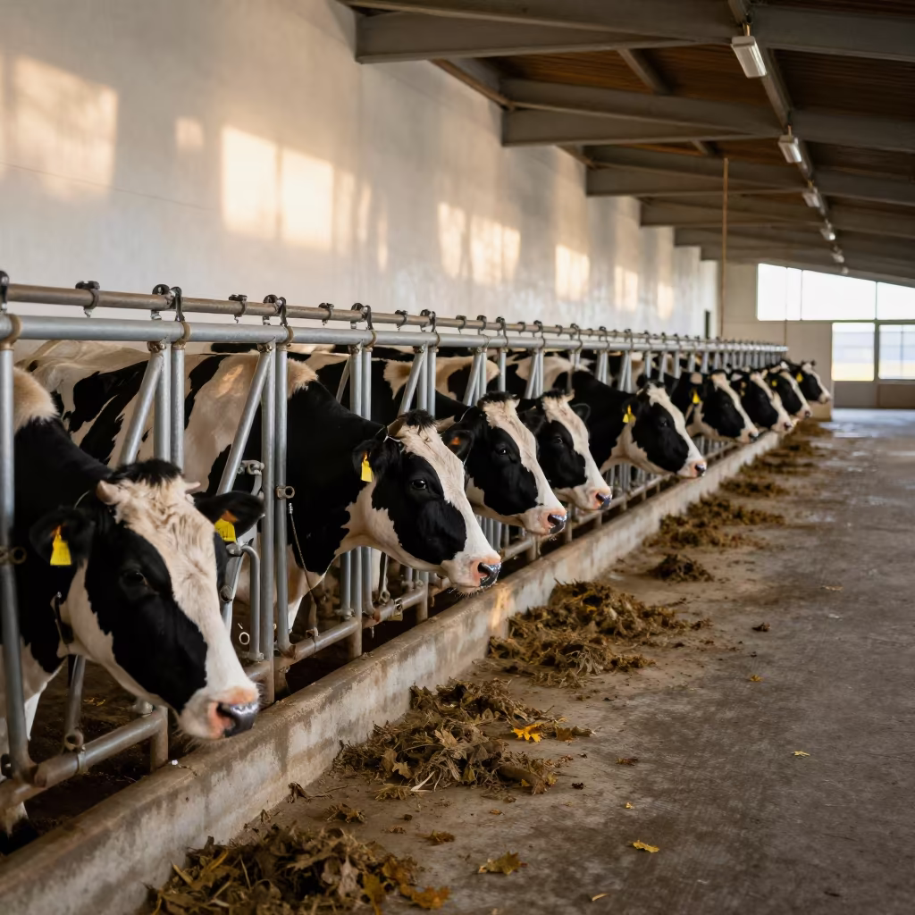 Stainless Milking Lines with Cows in Belgian Barn in beside a veterinary crush in a barn in Belgium