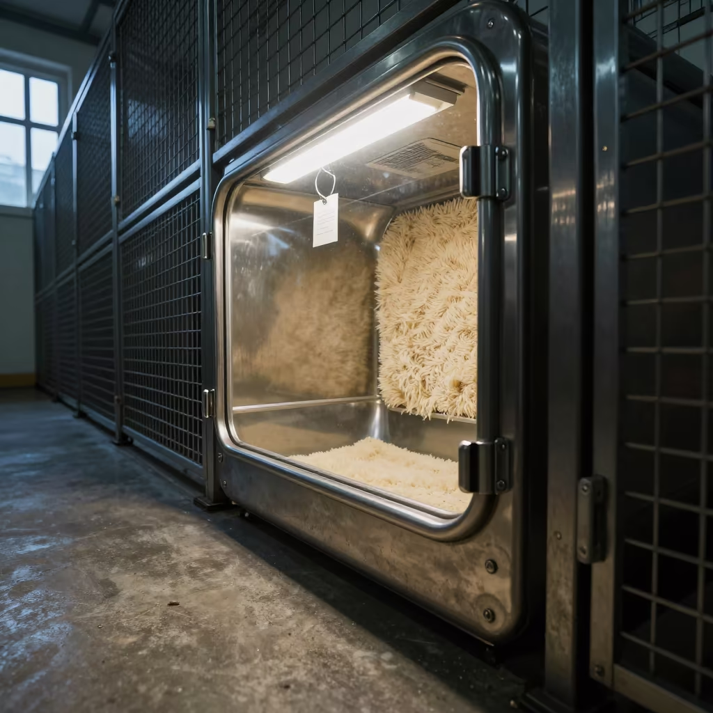 Stainless Puppy Litter Box in Singapore Kennel Night in in a boarding kennel corridor in Singapore