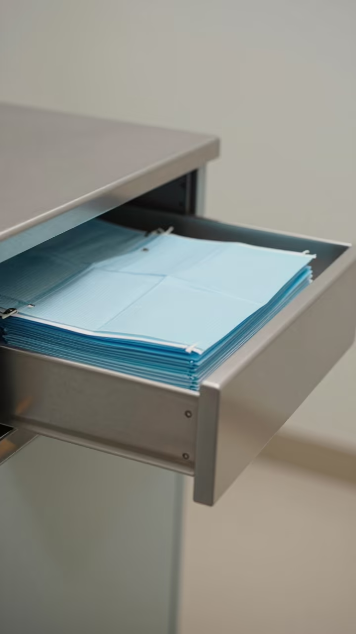 Stainless Steel Dental Bib Drawer at Nurse Station in at a nurse station under monitor glow in Nis