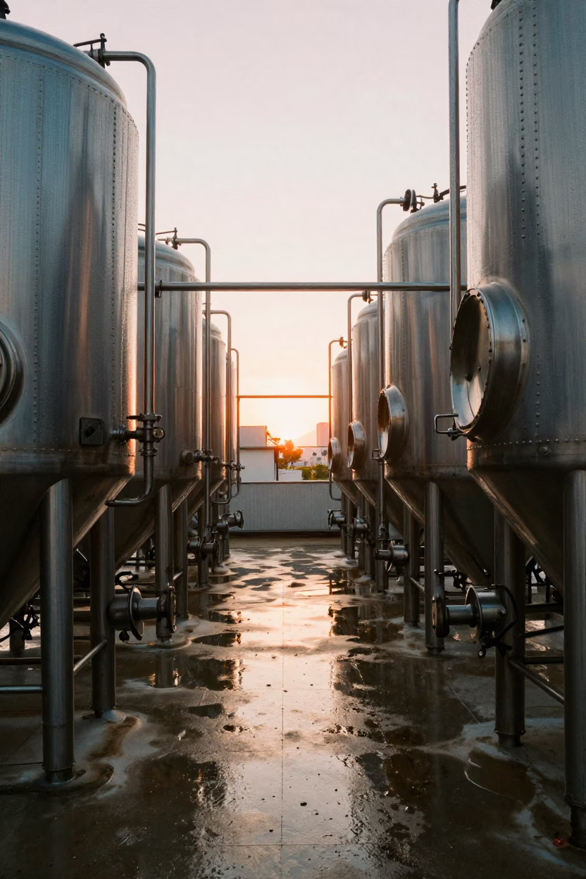 Stainless Steel Fermenters at Sunset in Barcelona Brewery in on a factory floor near Barcelona