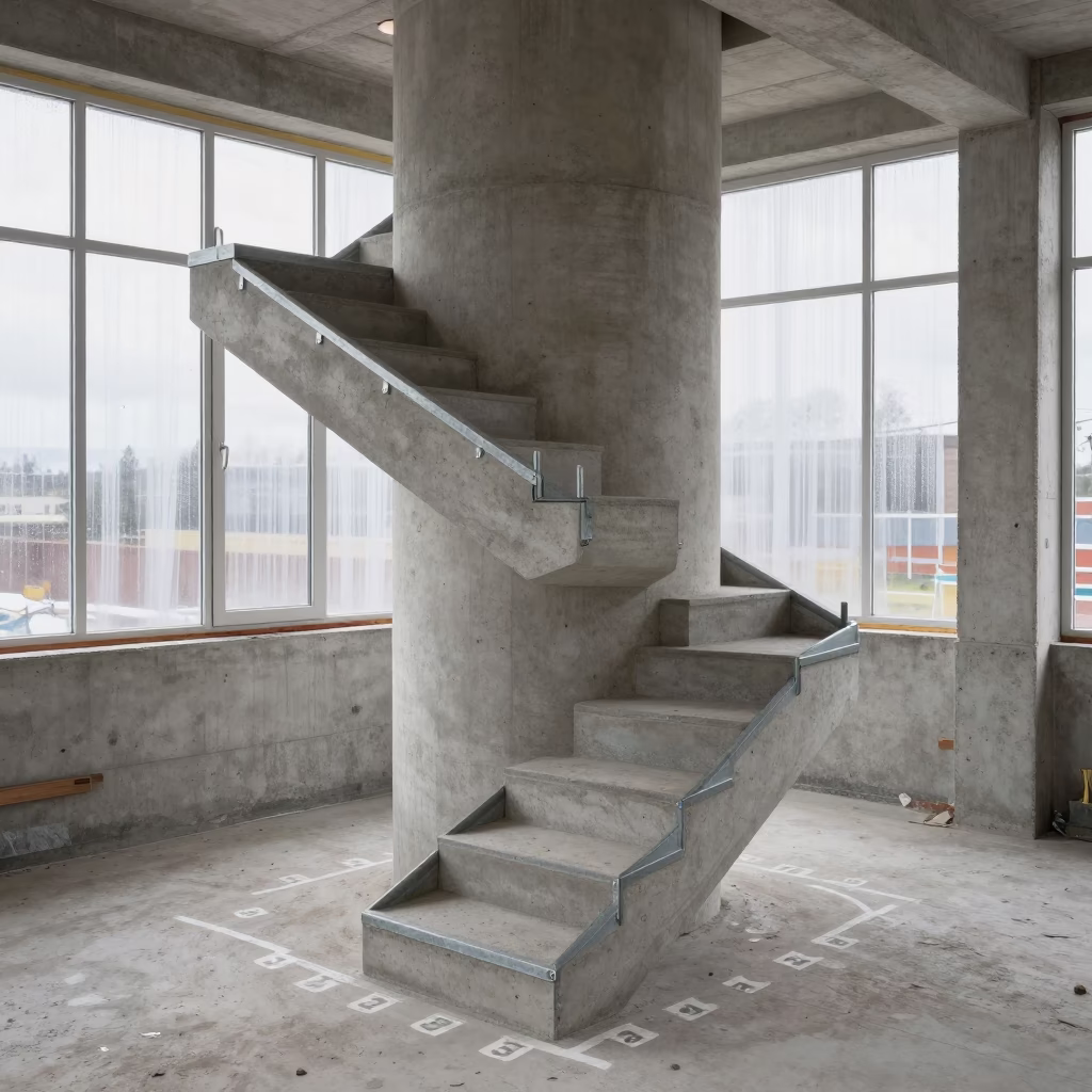 Stair Tower Under Construction in Scottish Isles Renovation in in a renovation zone under temporary light in the Scottish Isles