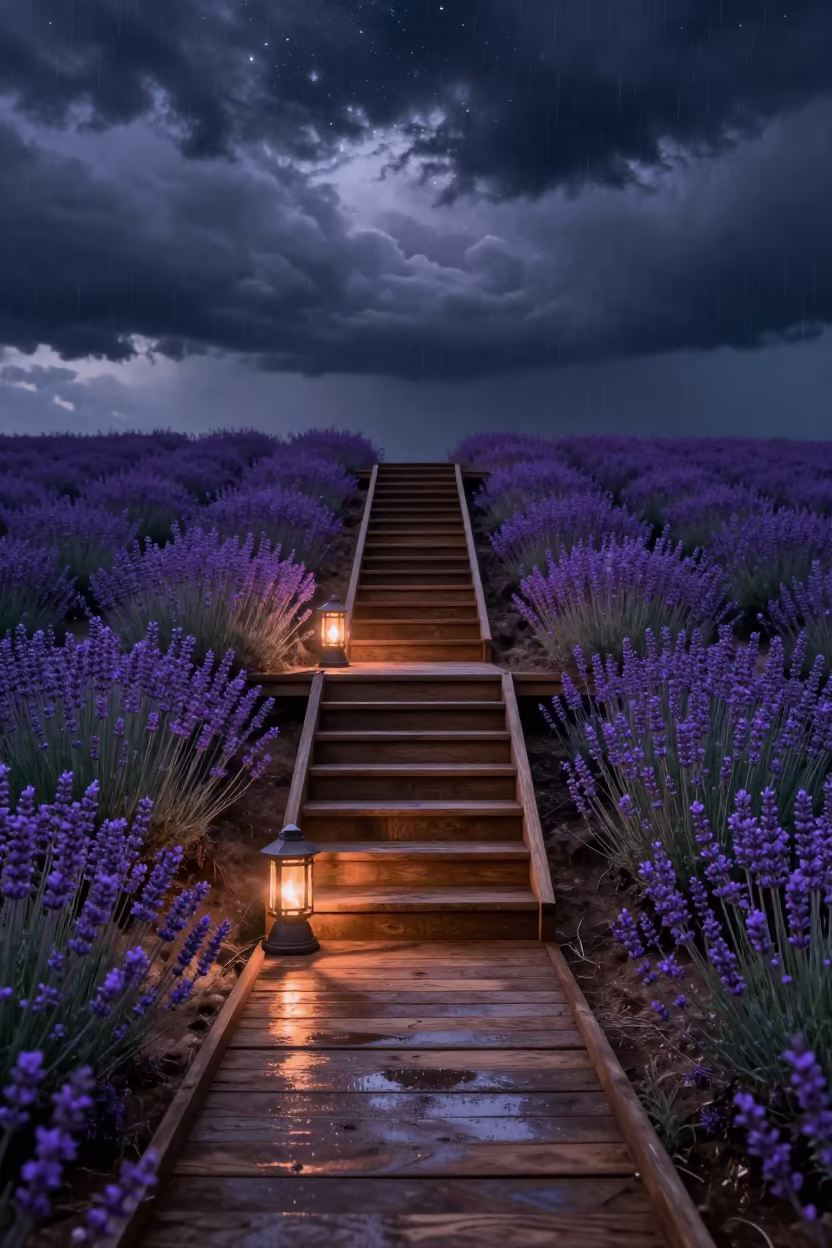 Staircase to Lavender Fields Under Starry Sky in near Dashilar, Beijing