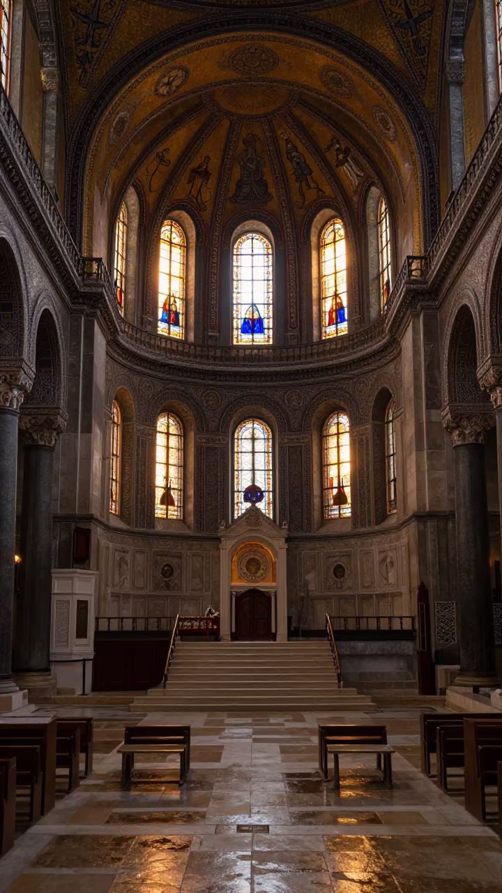Staircase Leading Up and Down in Copper Light in in a chapel lit by stained glass in Campo Grande
