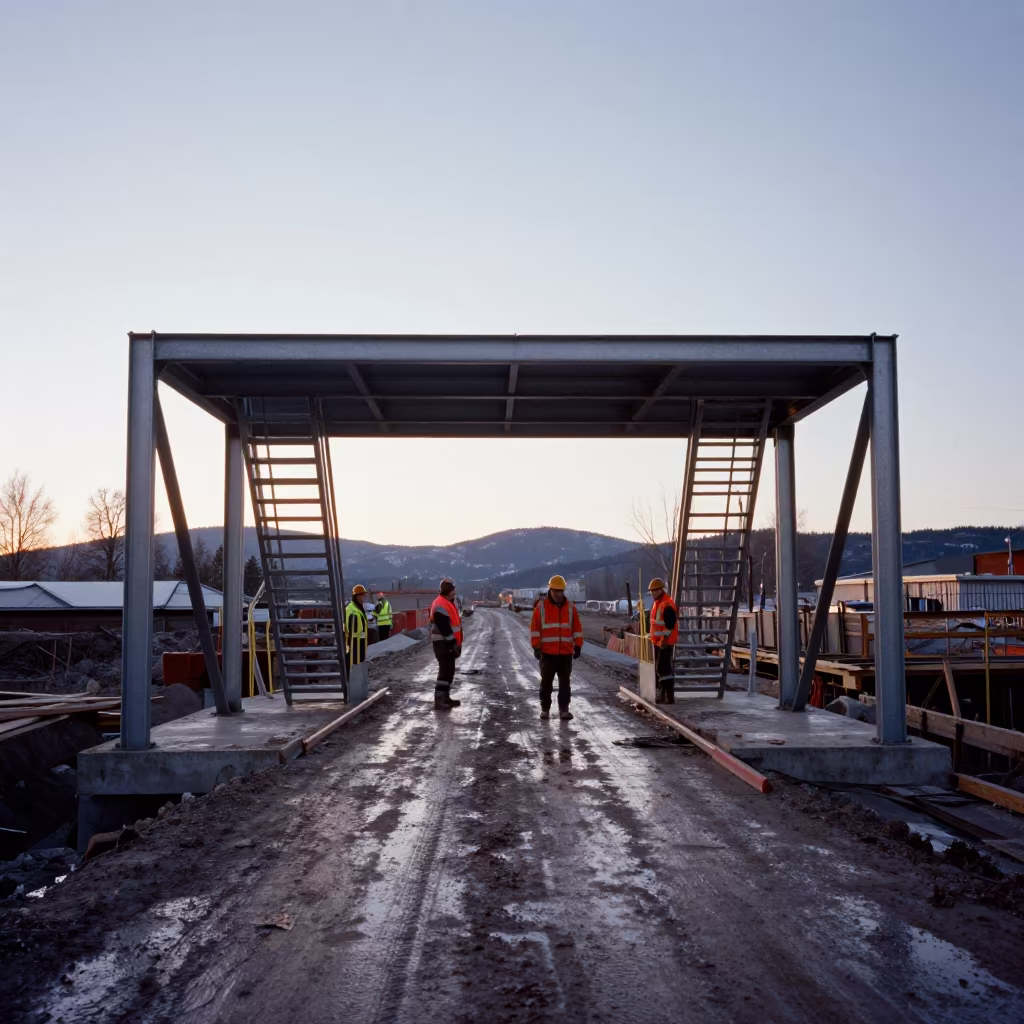 Staircase Through Open Building Shell in Muddy Espoo in at a muddy site access road in Espoo