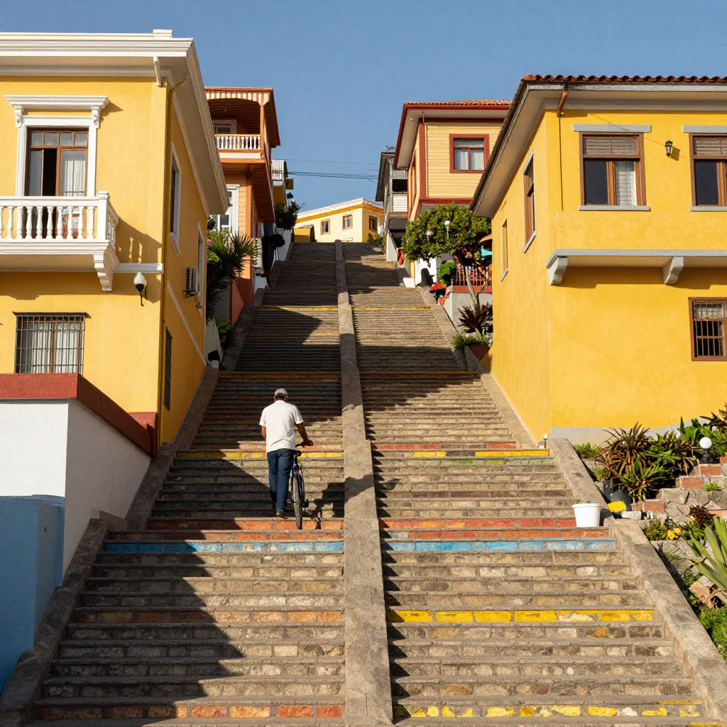 Stairs in Valparaiso at Bright Midmorning Light in in Valparaiso, Chile