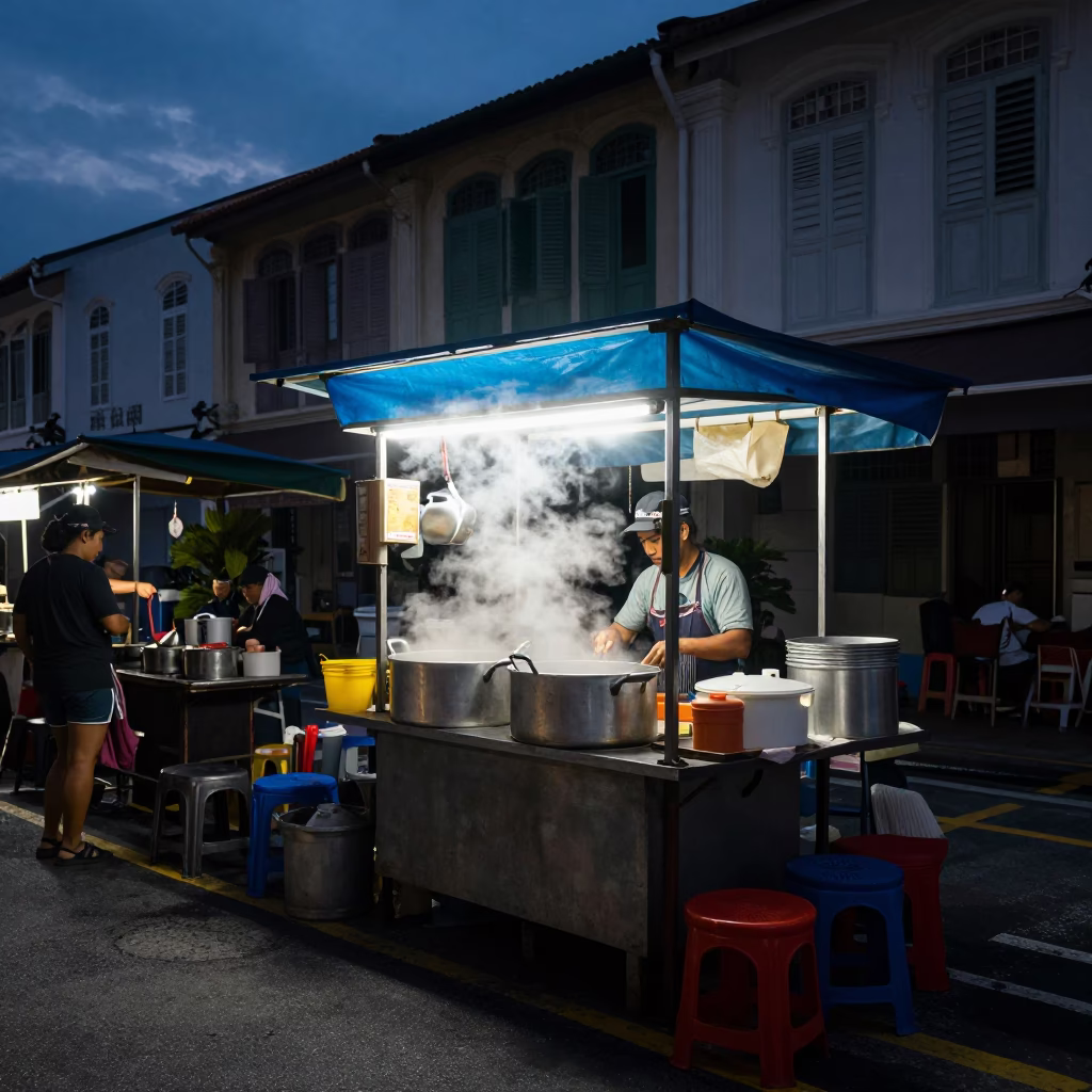 Stall Activity in George Town at The Predawn Darkness Light in in George Town, Malaysia
