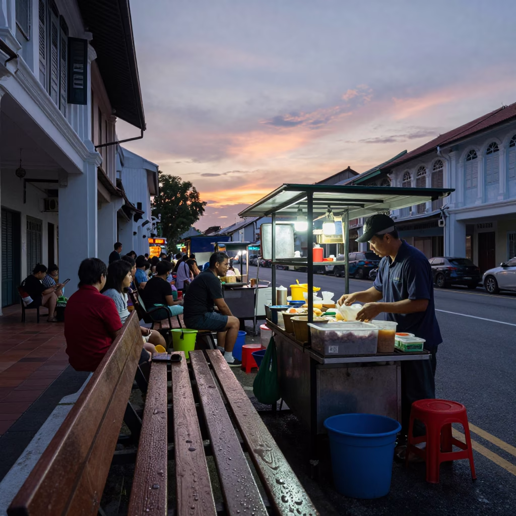 Stall Activity in George Town at The Still Hours Before Dawn Light in in George Town, Malaysia