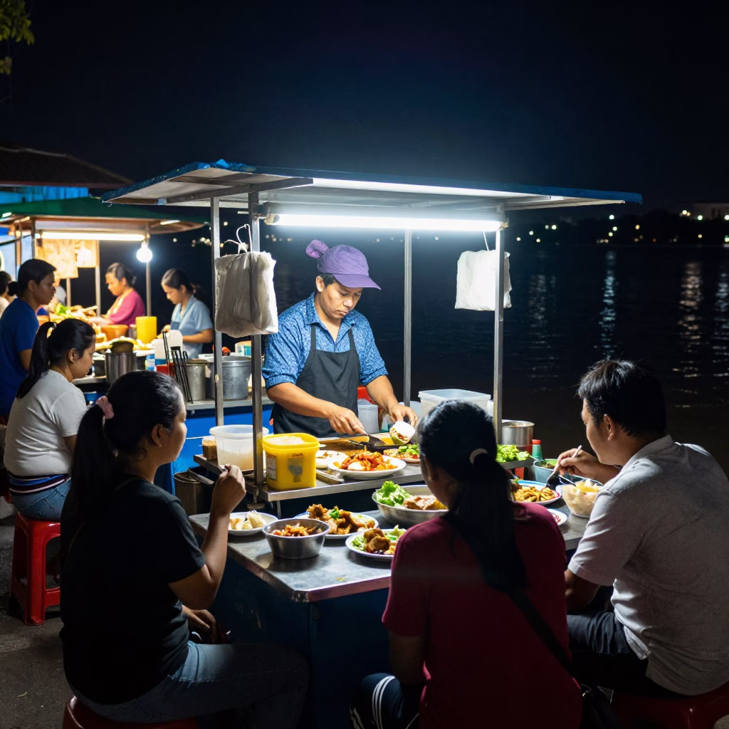 Stall Activity in Phnom Penh at Deep In The Night Light in in Phnom Penh, Cambodia