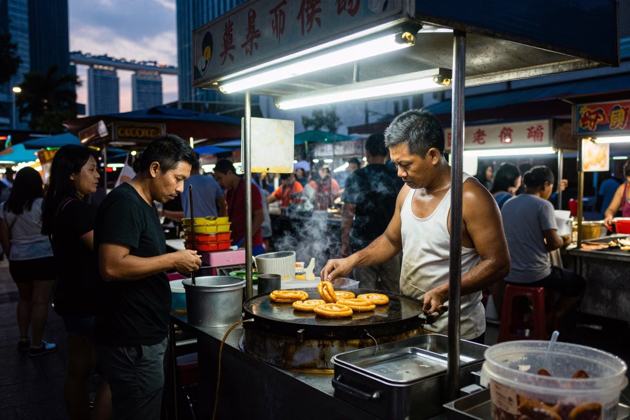 Stall Bustling in Singapore at The Still Hours Before Dawn Light in in Singapore, Singapore
