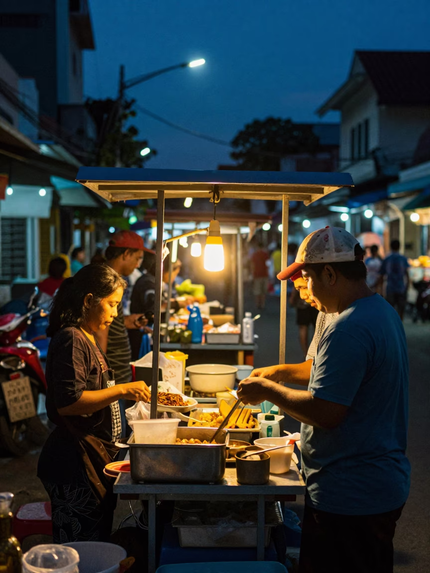 Stall Illuminated after dark in Denpasar in in Denpasar, Indonesia