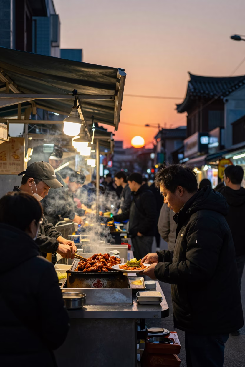 Stall Illuminated at As The Sun Drops Toward The Horizon in Seoul in in Seoul, South Korea