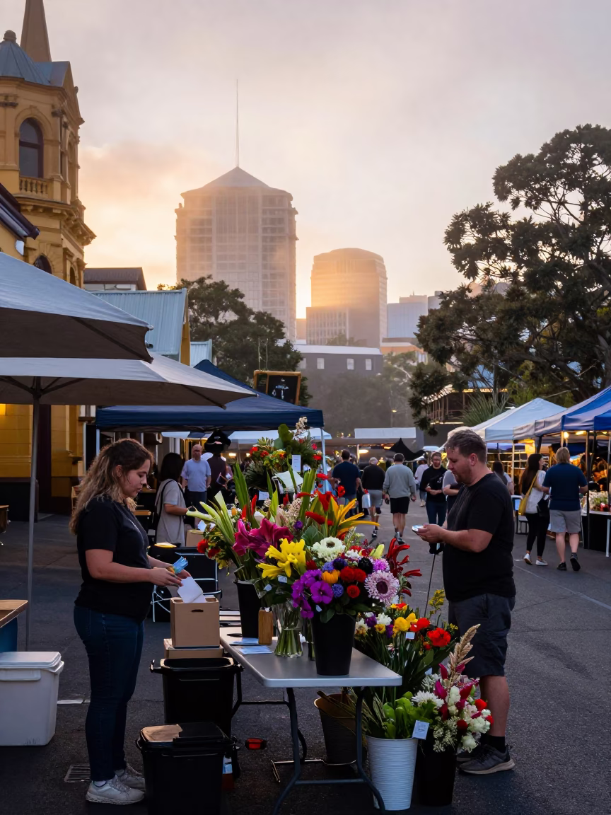 Stall Setup in Hobart at First Light Of Dawn in in Hobart, Tasmania, Australia