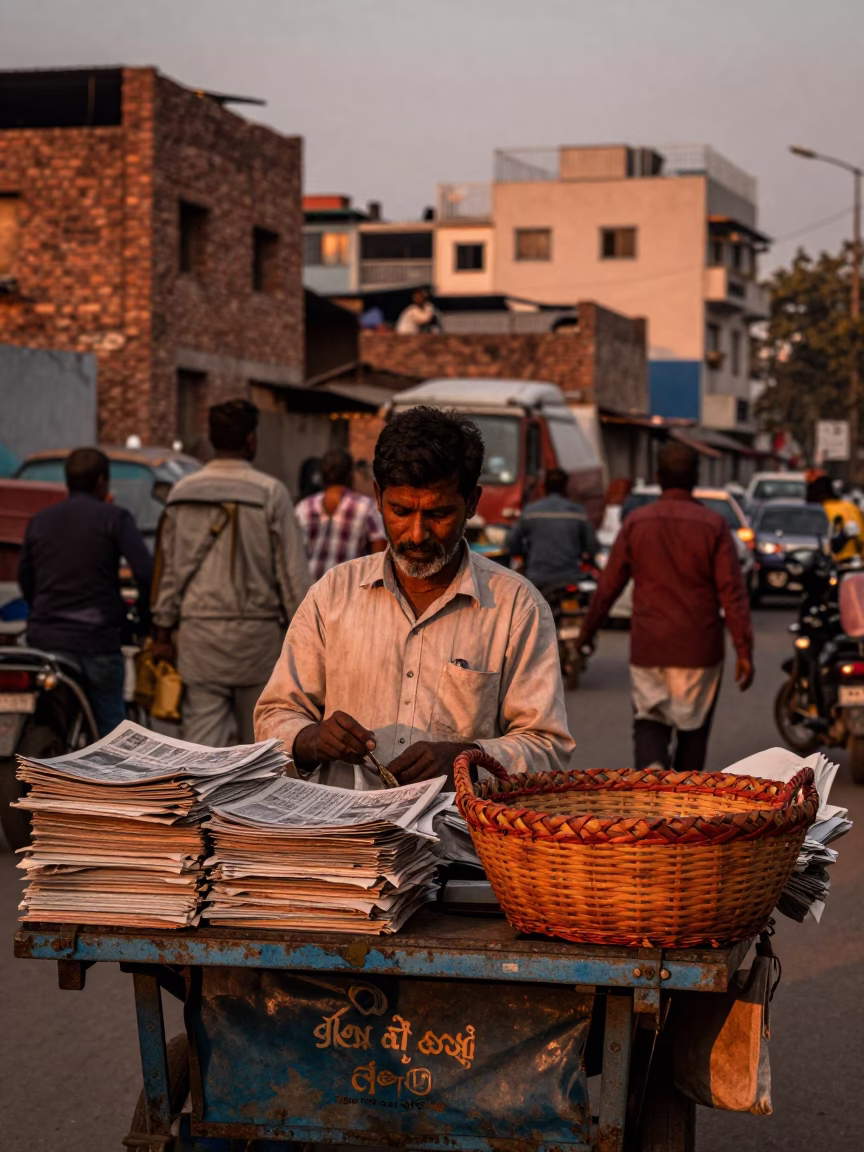 Stall Vendor in Delhi at Copper-toned Light Before Dusk in in Delhi, India