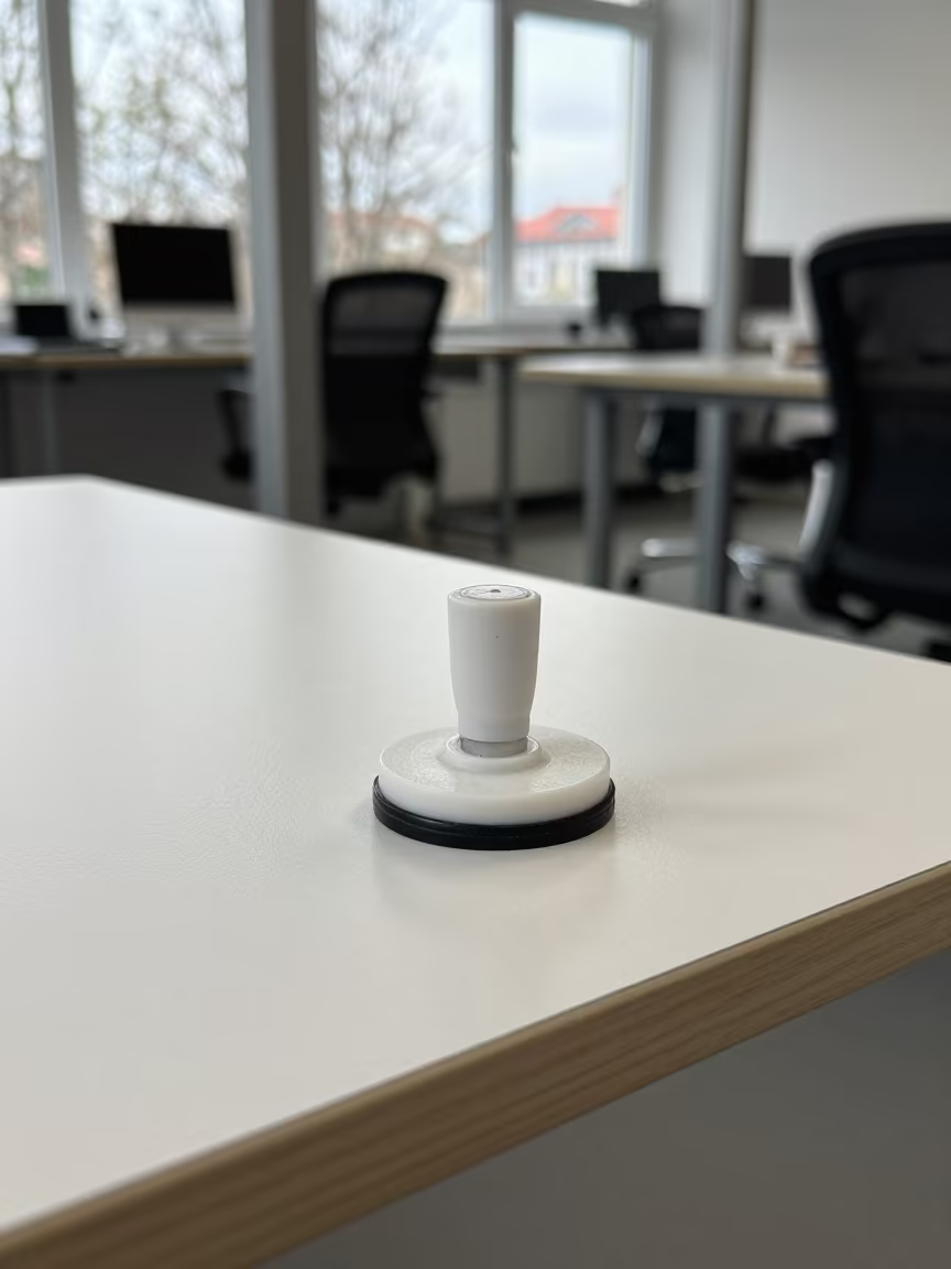 Stamp pad on office desk midday in inside a coworking floor near Veliko Tarnovo