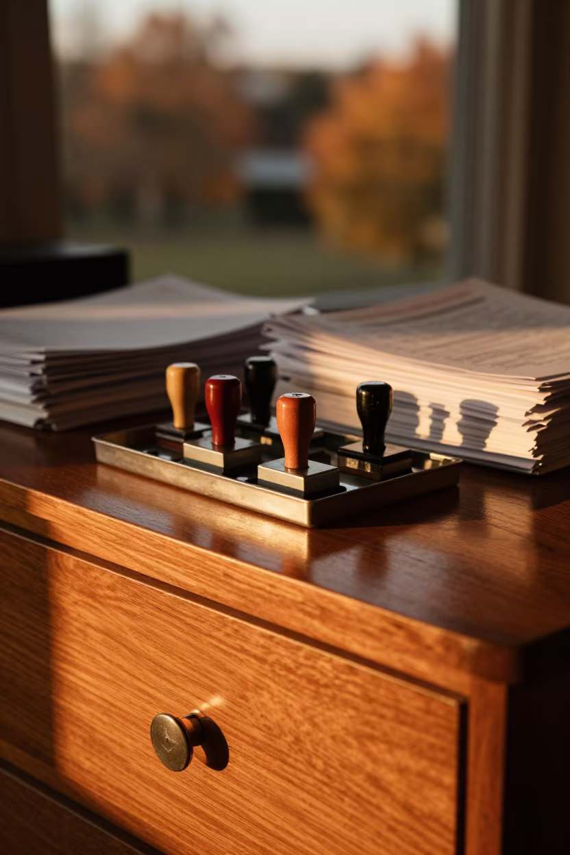 Stamp Tray in Amber Light on Hotel Dresser in on a hotel dresser near Marrakech