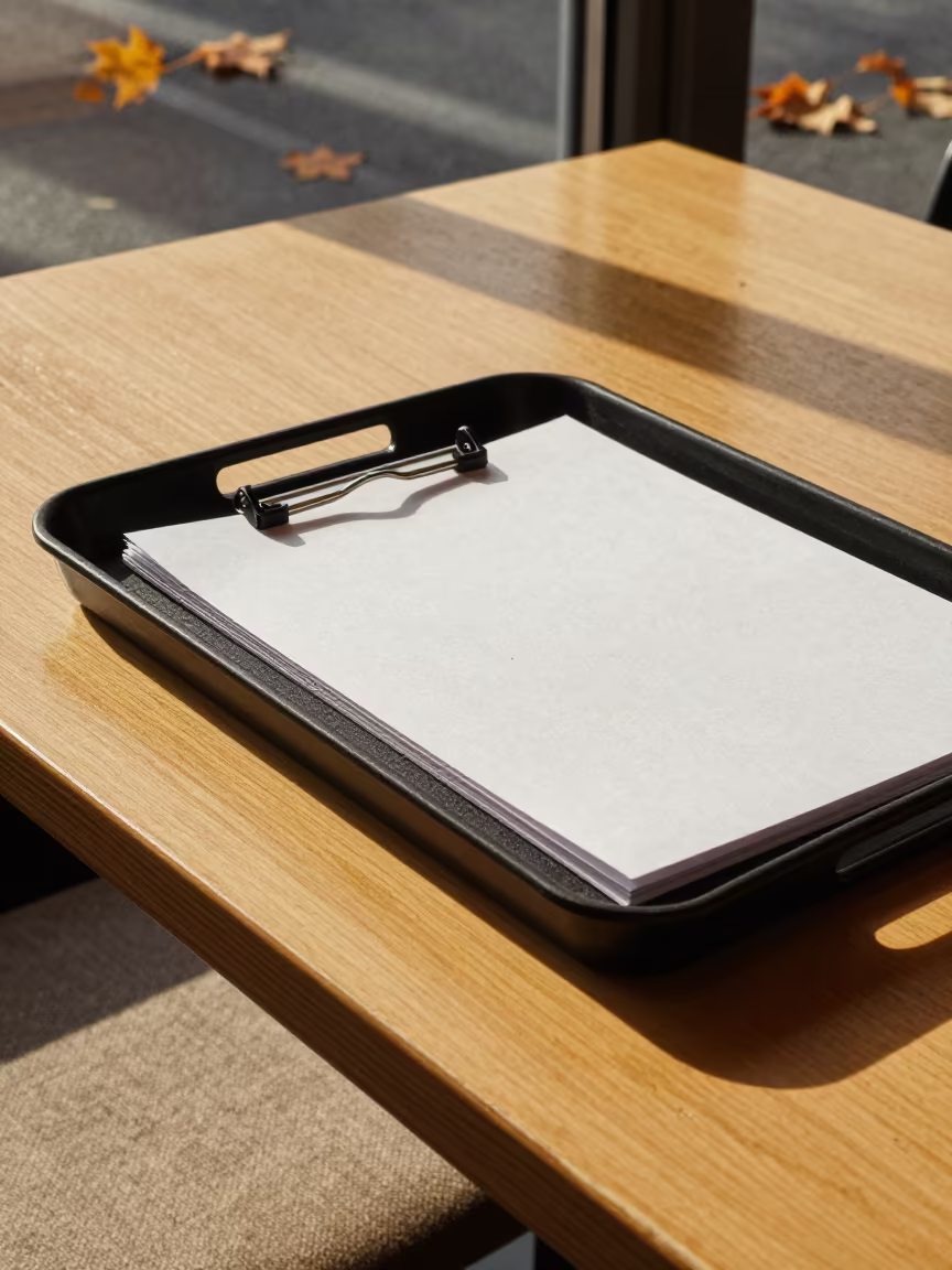 Stamp Tray and Paper in Frankfurt Cafe Light in on a cafe table by a window in Frankfurt