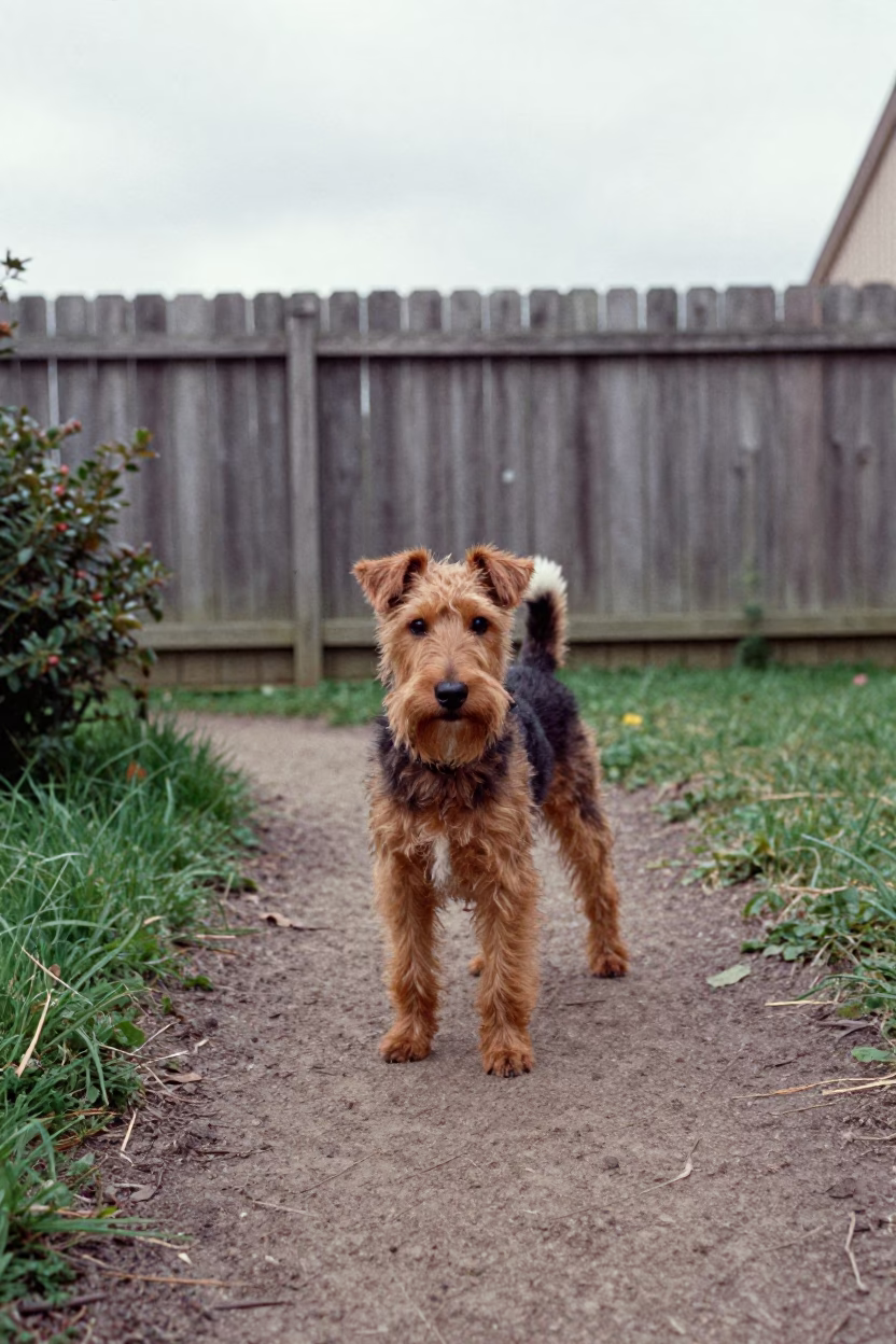 Standard Manchester Terrier on Quiet Park Path in Zakho in in a small yard with clipped grass, calm light, and the animal centered in frame near Zakho