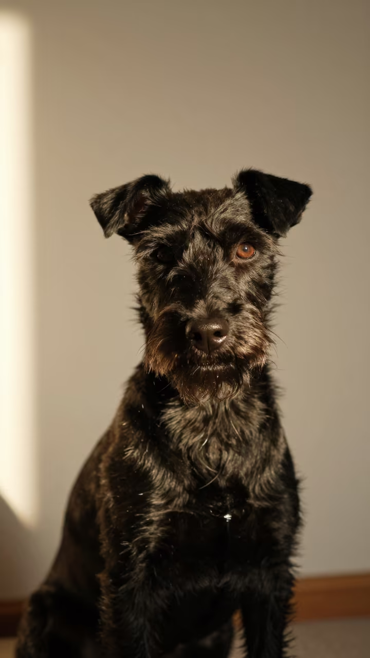 Standard Manchester Terrier Portrait Bydgoszcz in beside a plain plaster wall in soft indoor light with the animal centered in frame in Bydgoszcz