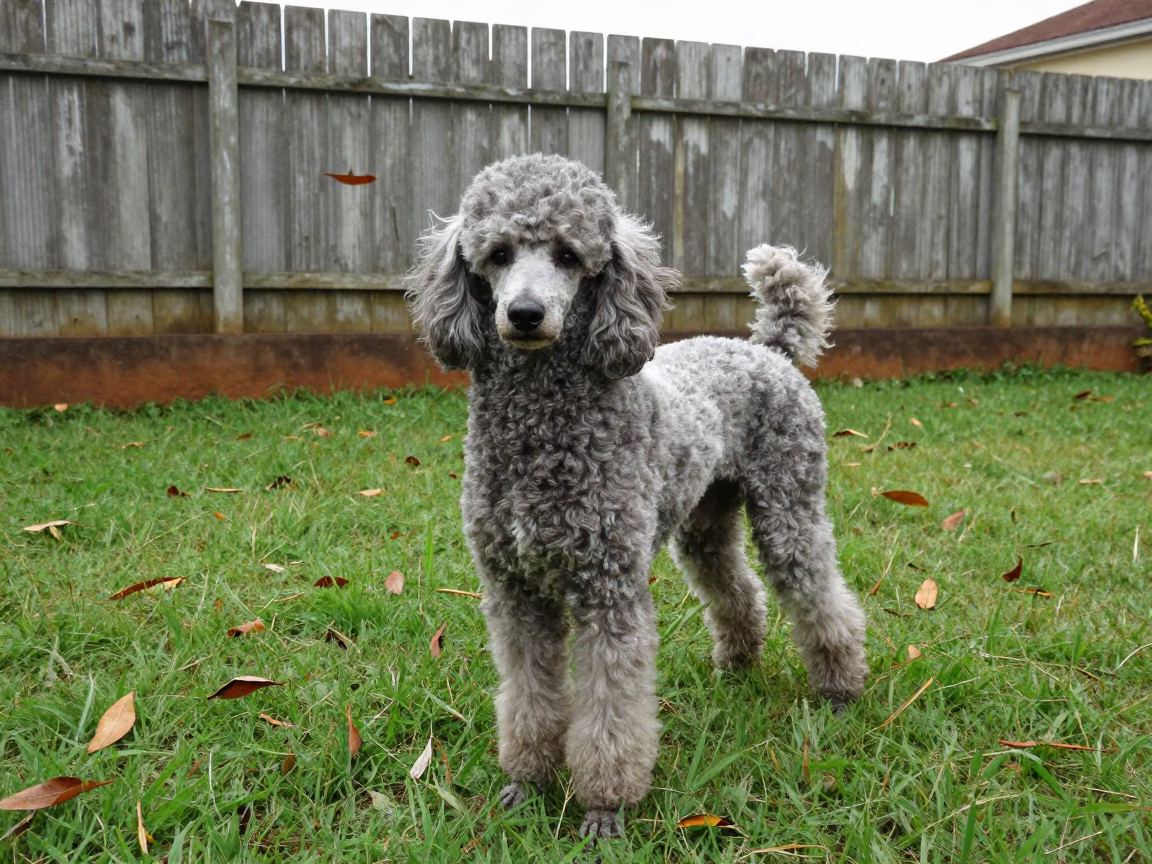 Standard Poodle in Mbuji-Mayi Yard in in a small yard with clipped grass, calm light, and the animal centered in frame near Mbuji-Mayi