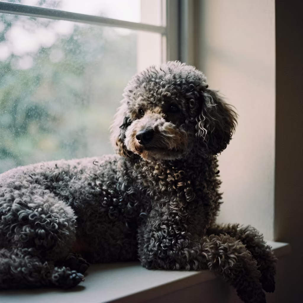 Standard Poodle on Window Seat in Tawau Apartment in on a window seat in a quiet apartment with soft side light in Tawau