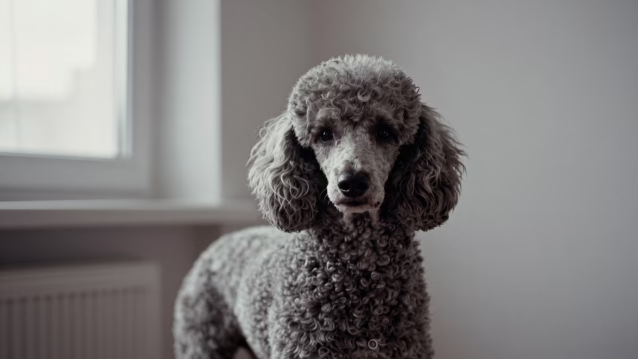 Standard Poodle Portrait in Almaty Studio Light in in a quiet portrait studio with a plain backdrop and eye-level framing near Almaty
