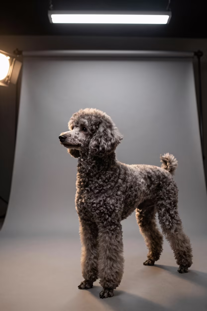 Standard Poodle Portrait in Fluorescent Studio Light in in a quiet portrait studio with a plain backdrop and eye-level framing in Moscow