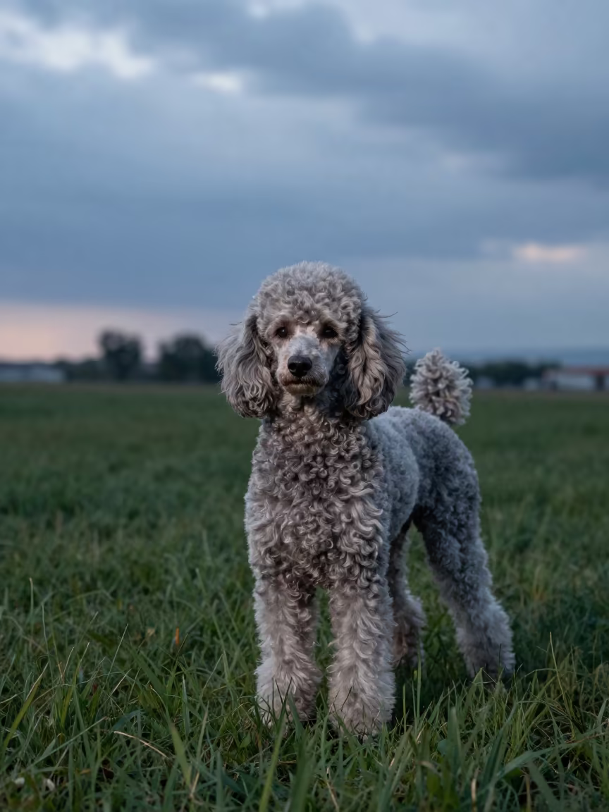 Standard Poodle Portrait in Late Summer Aktobe Yard in in a small yard with clipped grass, calm light, and the animal centered in frame in Aktobe