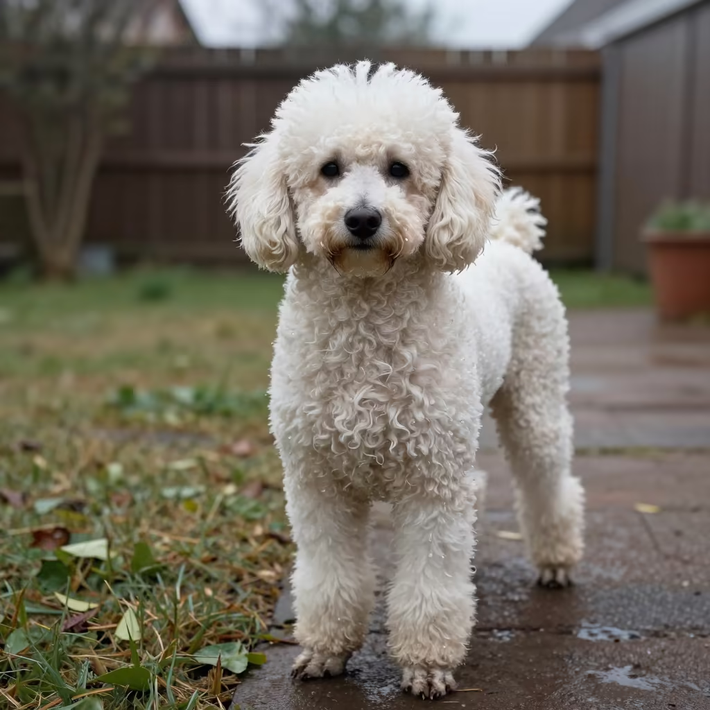 Standard Poodle Portrait in Wet Garden Near Keur Massar Sud in in a small yard with clipped grass, calm light, and the animal centered in frame near Keur Massar Sud