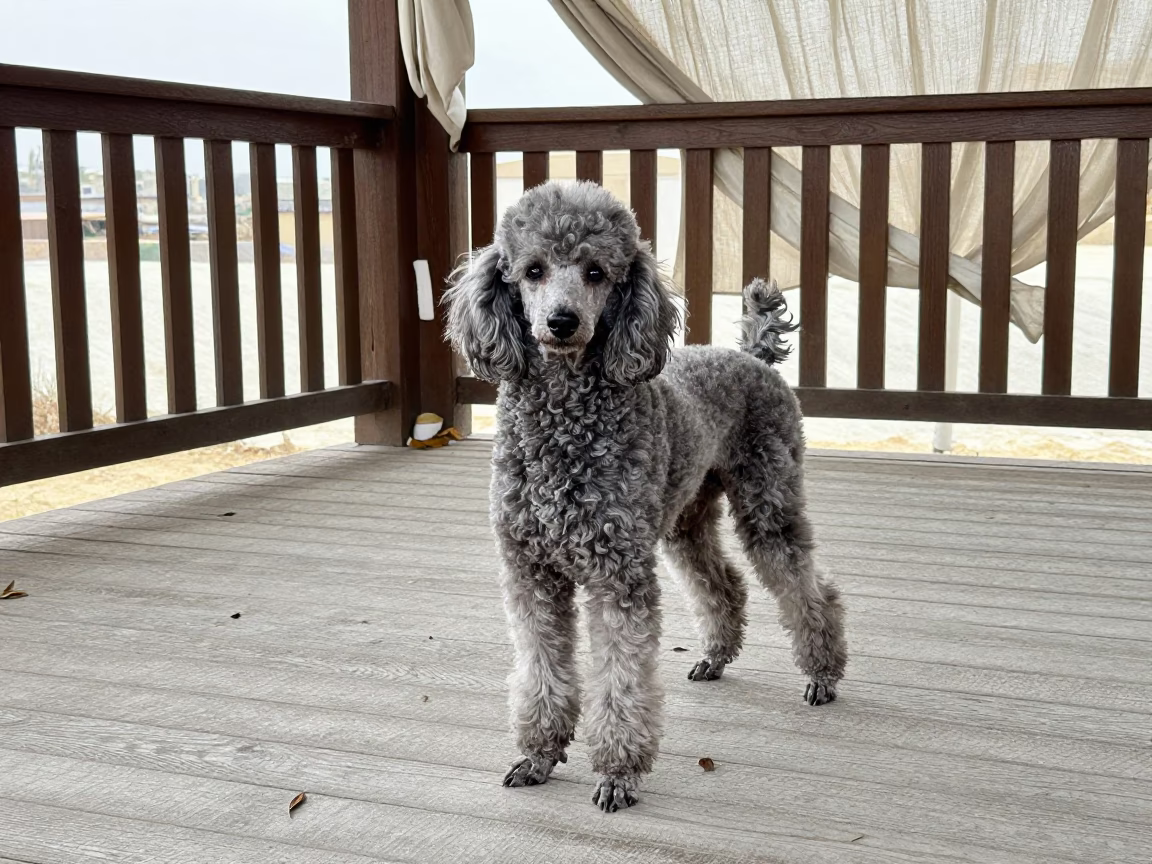 Standard Poodle Portrait on Irbid Porch in on a shaded front porch with boards, railings, and eye-level framing in Irbid