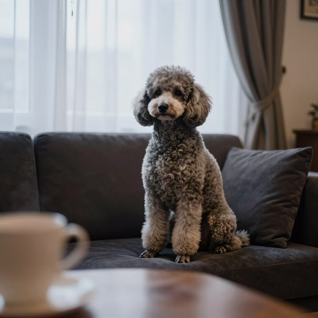 Standard Poodle Portrait on Sofa Near Curtain in on a sofa near a curtained window with calm indoor light in Ashgabat