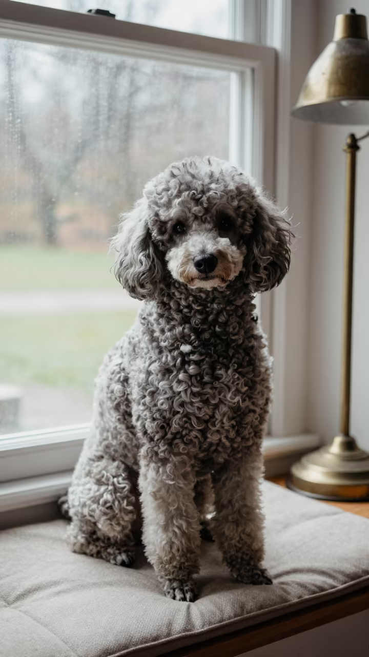 Standard Poodle Portrait on Window Seat in Akola in on a cushioned window seat with soft side light and an uncluttered background in Akola