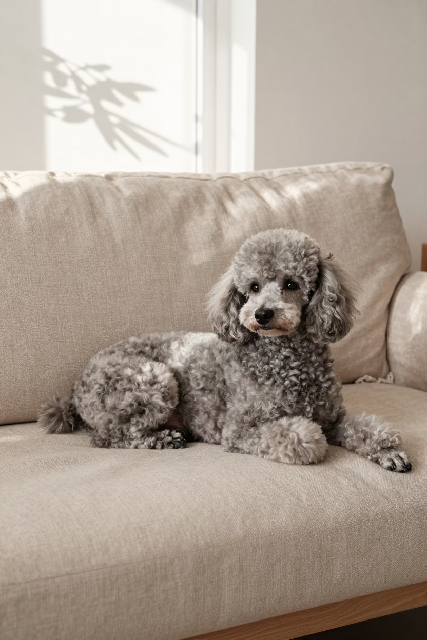 Standard Poodle Resting on Linen Sofa Near Taoyuan Window in on a linen sofa with daylight from a nearby window near Taoyuan