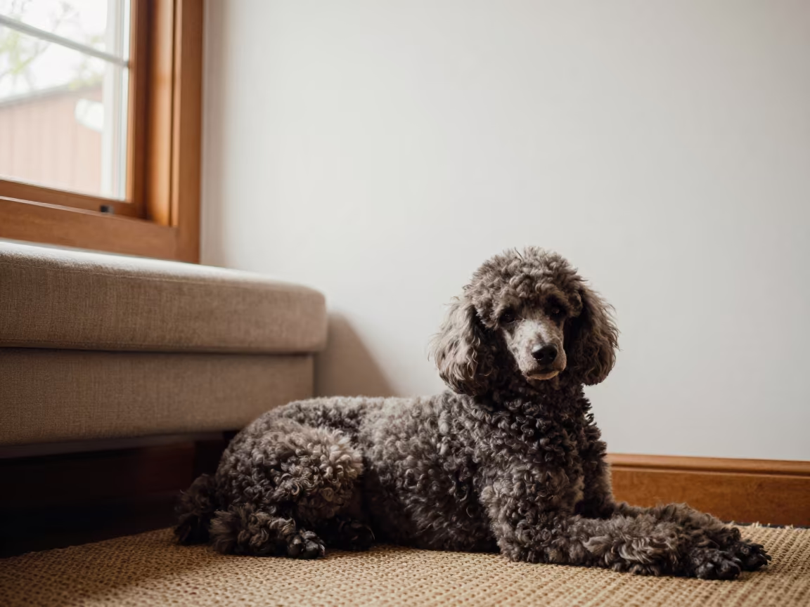 Standard Poodle Resting on Rug in Evening Light in on a woven rug beside a low couch and an uncluttered wall in Tando Allahyar