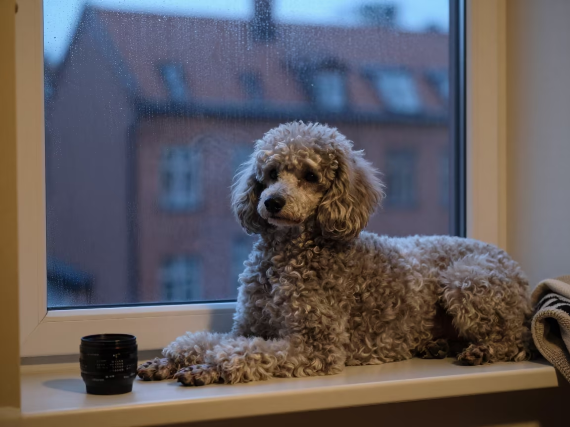 Standard Poodle Resting on Window Seat at Twilight in on a window seat in a quiet apartment with soft side light near Gothenburg