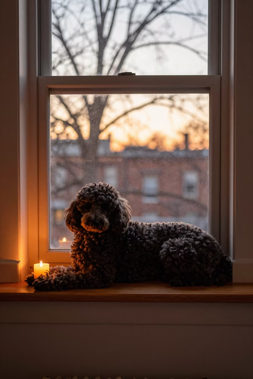 Standard Poodle Resting on Window Seat in on a window seat in a quiet apartment with soft side light in Hartford