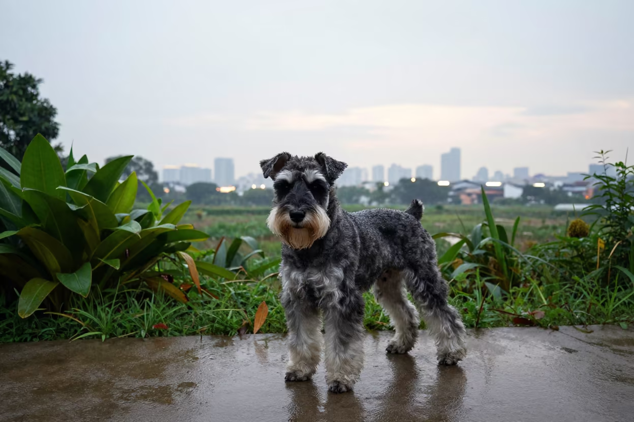 Standard Schnauzer in Bangkok Garden Drizzle in near a garden edge with soft morning light and an uncluttered background in Charoen Krung, Bangkok
