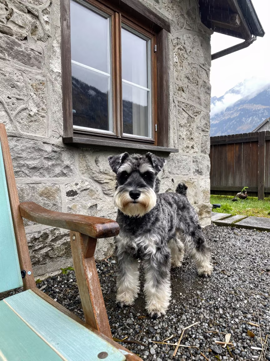 Standard Schnauzer in Innsbruck Garden Morning Drizzle in near a garden edge with soft morning light and an uncluttered background in Innsbruck