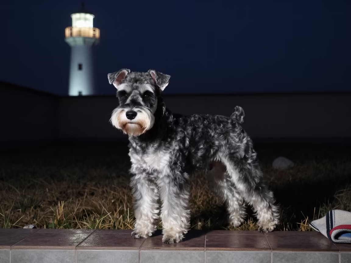 Standard Schnauzer in Khujand Yard at Night in in a small yard with clipped grass, calm light, and the animal centered in frame in Khujand