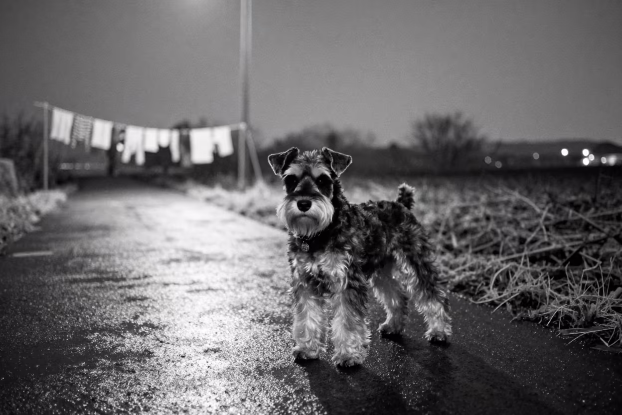 Standard Schnauzer in Winter Garden at Midnight in near a garden edge with soft morning light and an uncluttered background in Bimbo