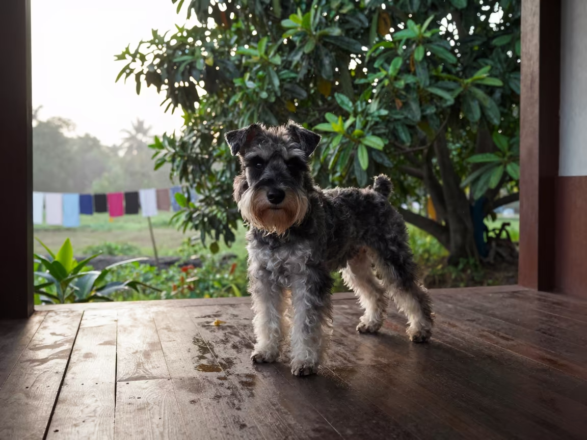 Standard Schnauzer on Thanjavur Porch in on a shaded front porch with boards, railings, and eye-level framing in Thanjavur