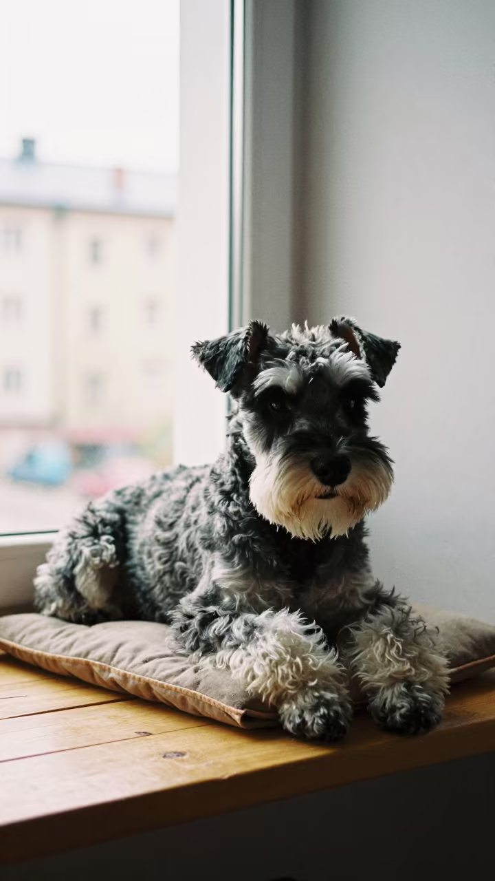 Standard Schnauzer on Window Seat Before Dawn in on a window seat in a quiet apartment with soft side light near Novosibirsk