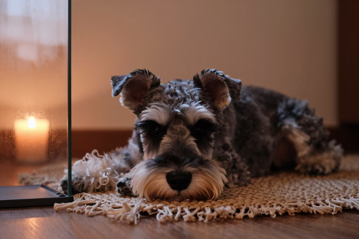 Standard Schnauzer on Woven Rug in Warm Light in on a woven rug beside a low couch and an uncluttered wall in Preston
