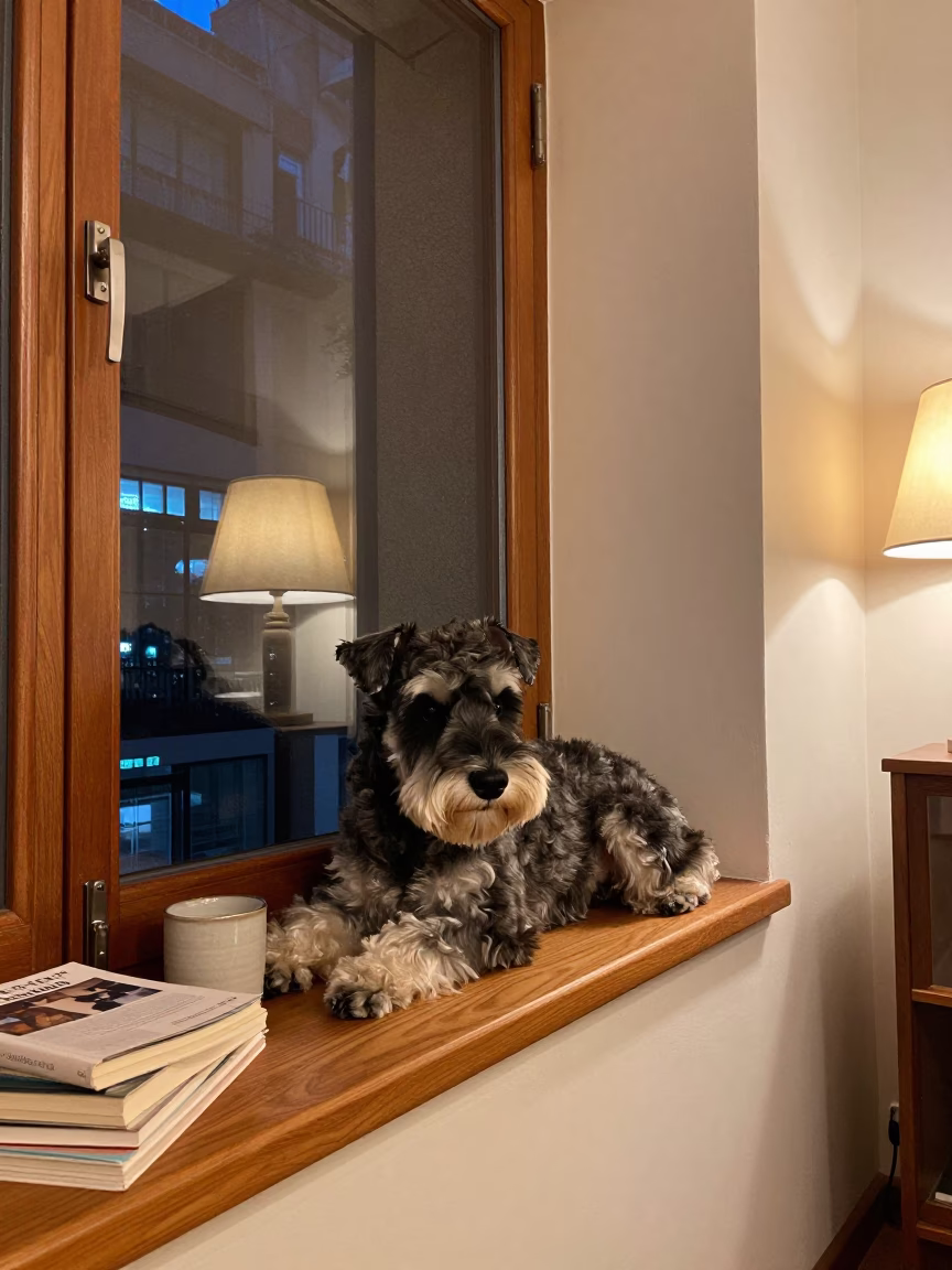 Standard Schnauzer Resting on Bilbao Window Seat in on a window seat in a quiet apartment with soft side light in Bilbao