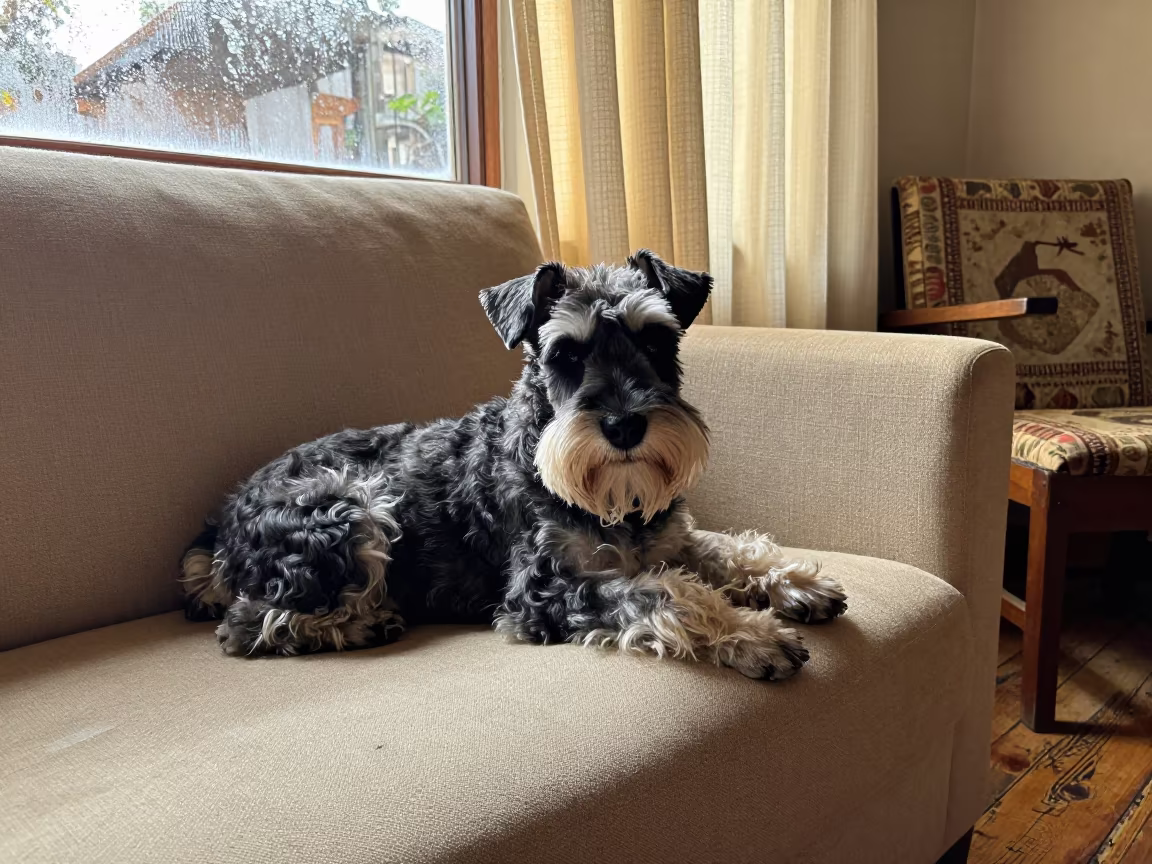 Standard Schnauzer Resting on Linen Sofa in Eldoret in on a linen sofa with daylight from a nearby window in Eldoret