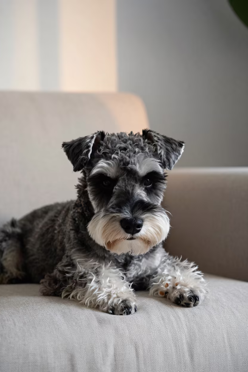Standard Schnauzer Resting on Linen Sofa in on a linen sofa with daylight from a nearby window near Colina