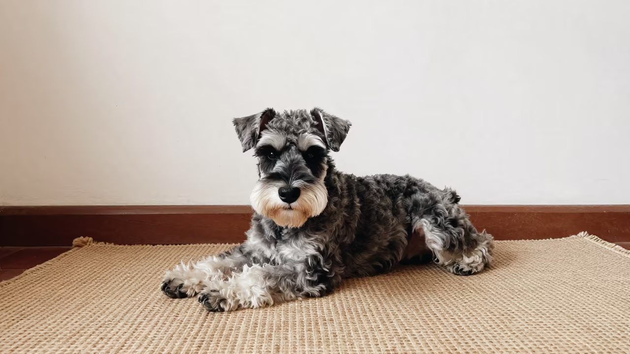 Standard Schnauzer Resting on Woven Rug in Tacna Home in on a woven rug beside a low couch and an uncluttered wall in Tacna
