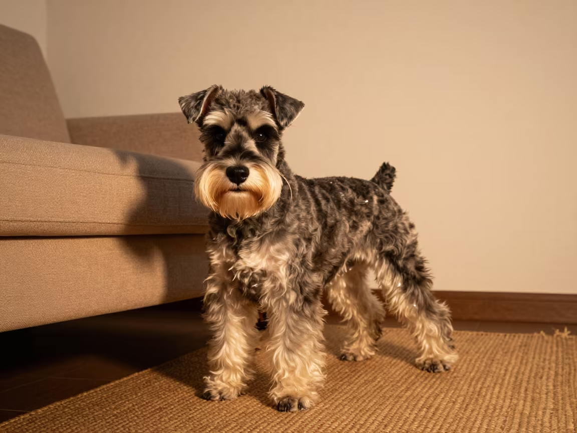 Standard Schnauzer Resting on Woven Rug in on a woven rug beside a low couch and an uncluttered wall in Çerkezköy district