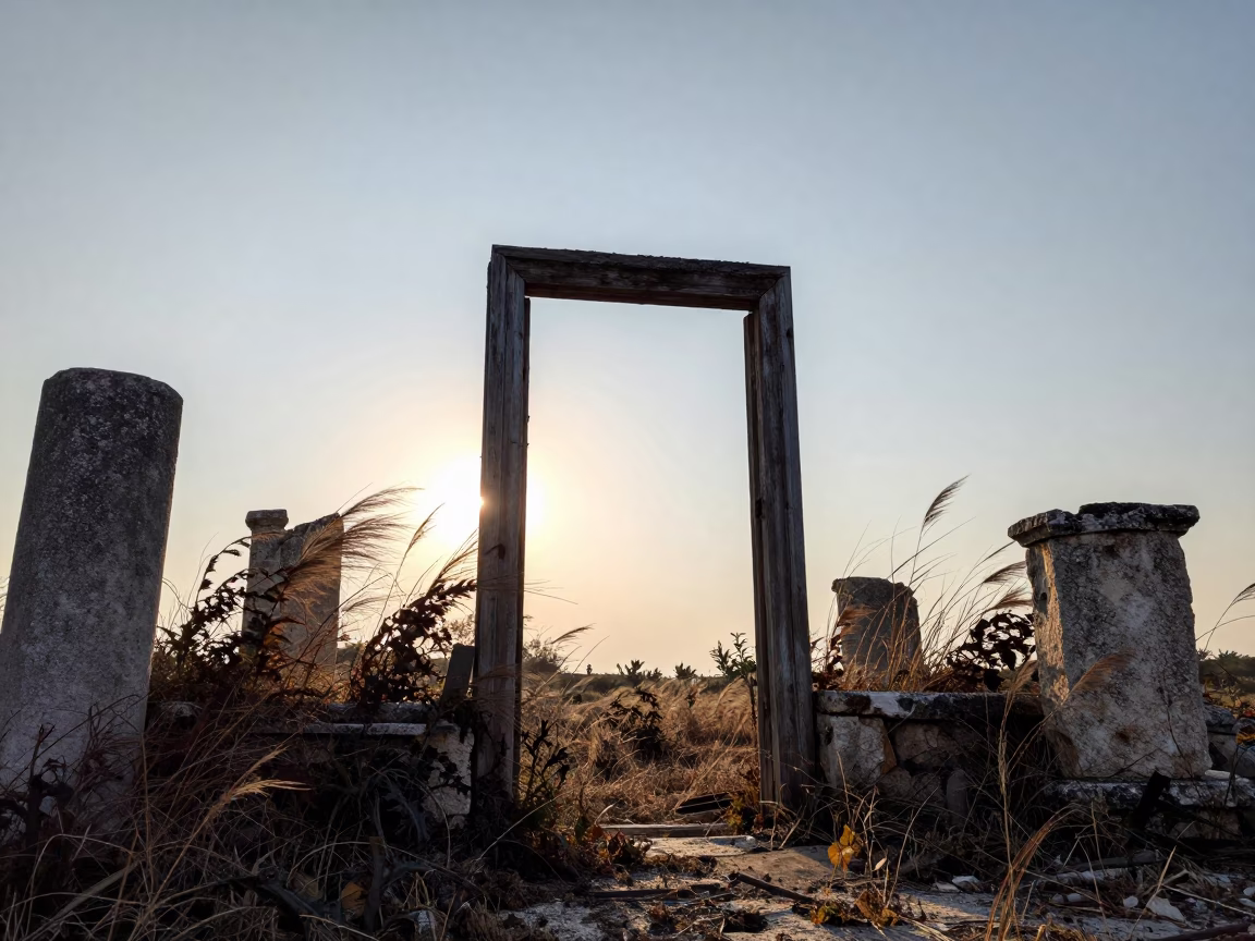 Standing Door Frame in Abandoned Puglia Cabin in among toppled columns and nettles in Puglia