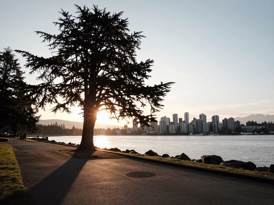 Stanley Park Seawall And Coast Mountain Skyline BC in Vancouver in in Vancouver, British Columbia, Canada